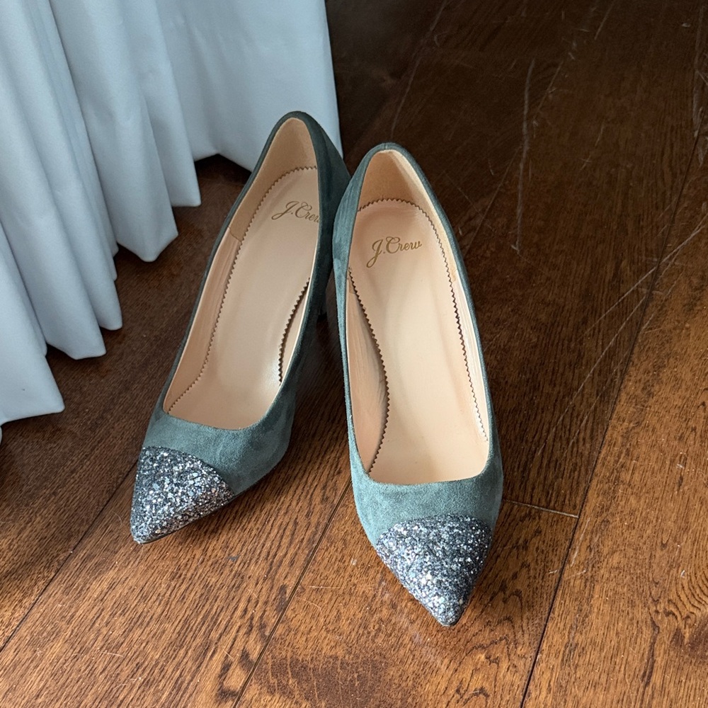 J. Crew Teal Suede Pointed-Toe Pumps with Silver Glitter Cap